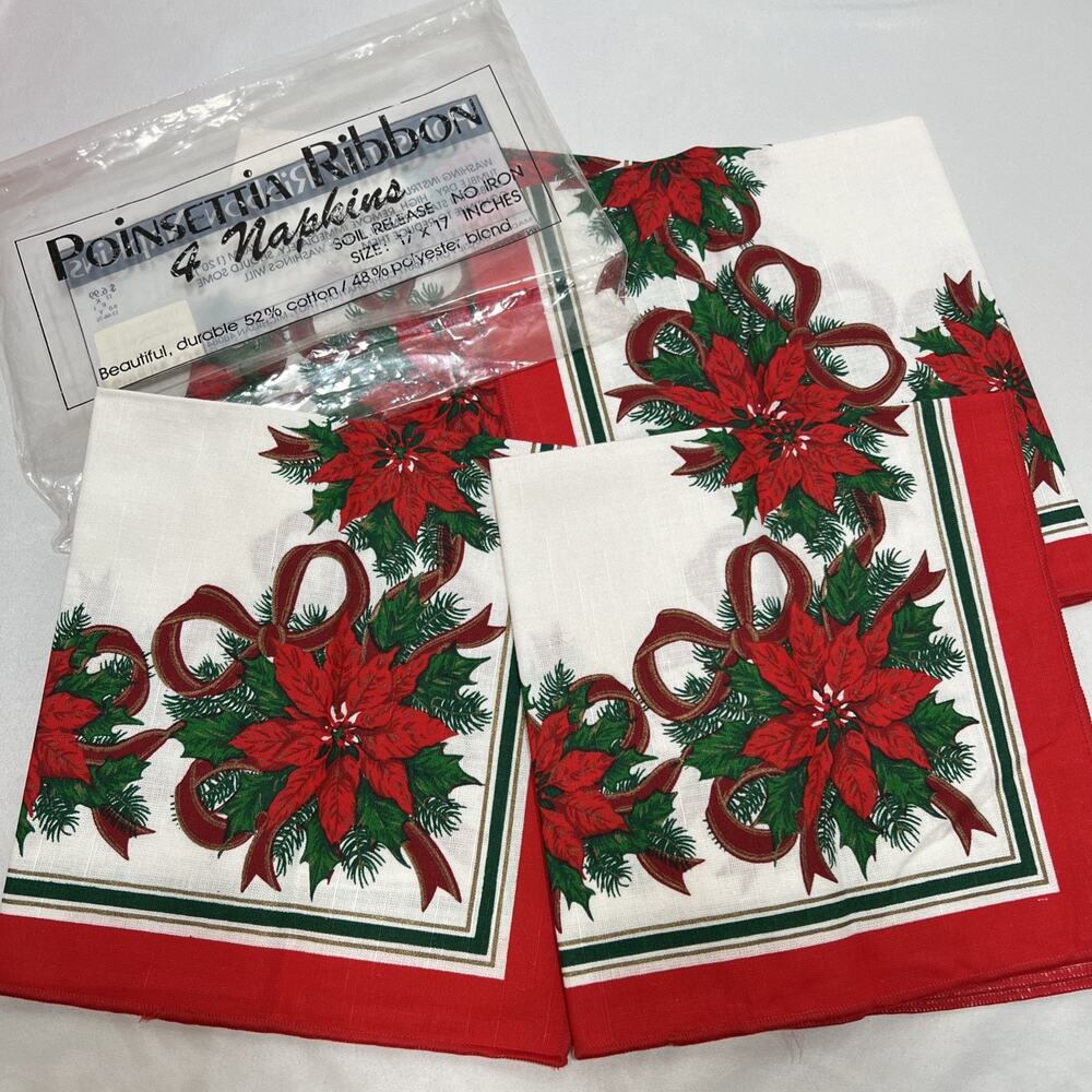 Set of 4 Vintage Cloth Napkins Poinsettia Ribbon Christmas Holiday 17” x 17” Red